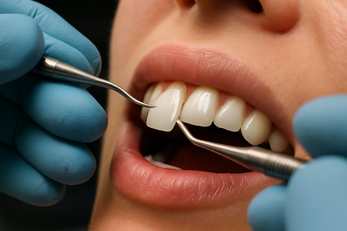 Close up image of a dentist applying a laminate veneer to a patient's tooth, showcasing the precision and artistry involved in cosmetic dentistry. No text on image.